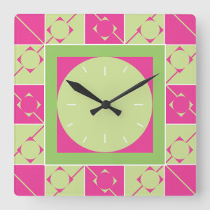 Geo Kariert rosa/grün Quadratische Wanduhr