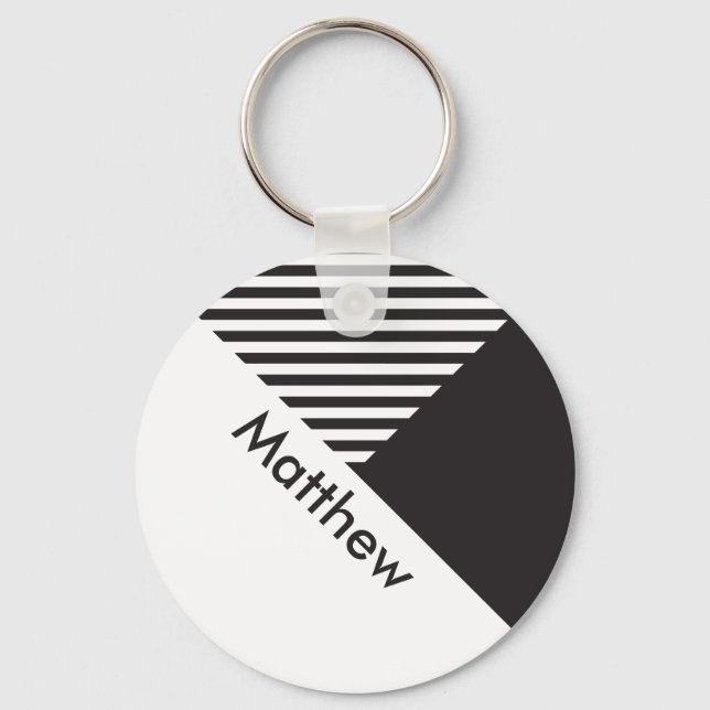 Geo Minimal Schwarz-weiß Stripes Individuelle Name Schlüsselanhänger (Vorderseite)