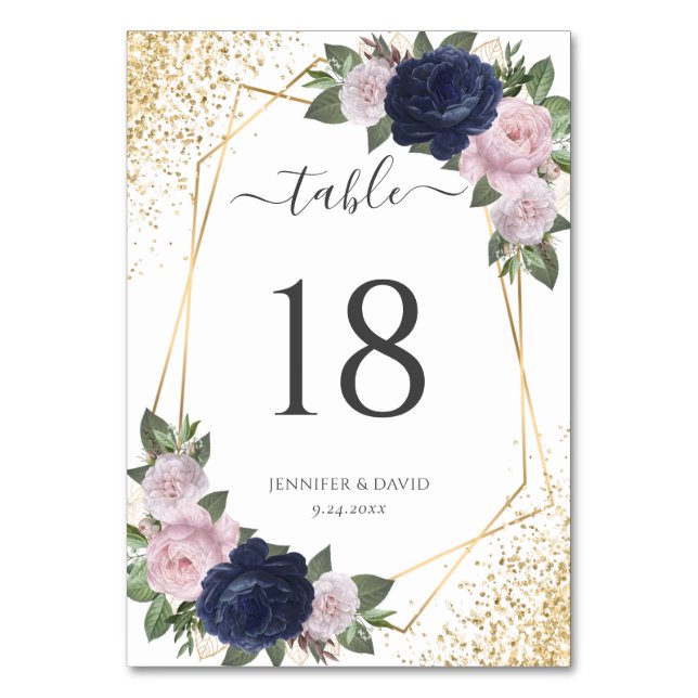 Geo Navy Blue Gold Blush Pink Blues Hochzeit Tischnummer (Vorderseite)