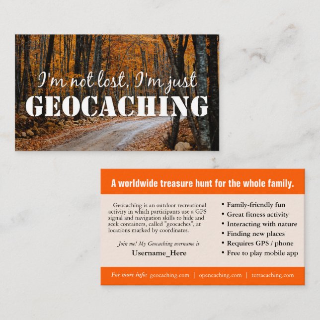 Geocaching Trail Card mit Infos für Muggles Visitenkarte (Vorne/Hinten)