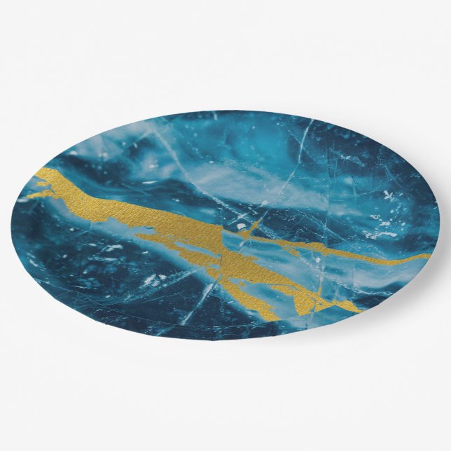 Geode Agate Gemstone Blue und Gold Pappteller (Schrägansicht)