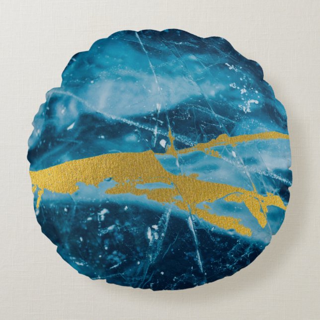 Geode Agate Gemstone Blue und Gold Rundes Kissen (Vorderseite)