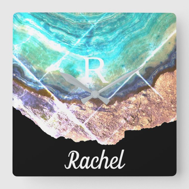 Geode Agate Monogram Name Template Green Sparkling Quadratische Wanduhr (Vorderseite)