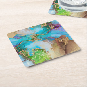 Geode Imitate Goldblau lila grüne Aquarellkunst Rechteckiger Pappuntersetzer