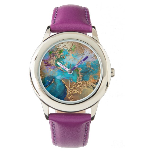 Geode Pfauenfarben Imitat goldblaue hübsche Kinder Armbanduhr (Vorderseite)