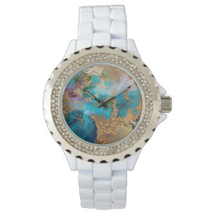 Geode Pfauenfarben Imitat Goldbrauner Marmor Armbanduhr