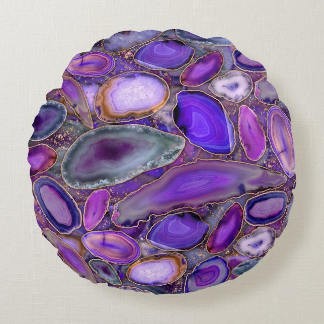 Geodes-Kristallmuster - Lila und violett Rundes Kissen (Vorderseite)