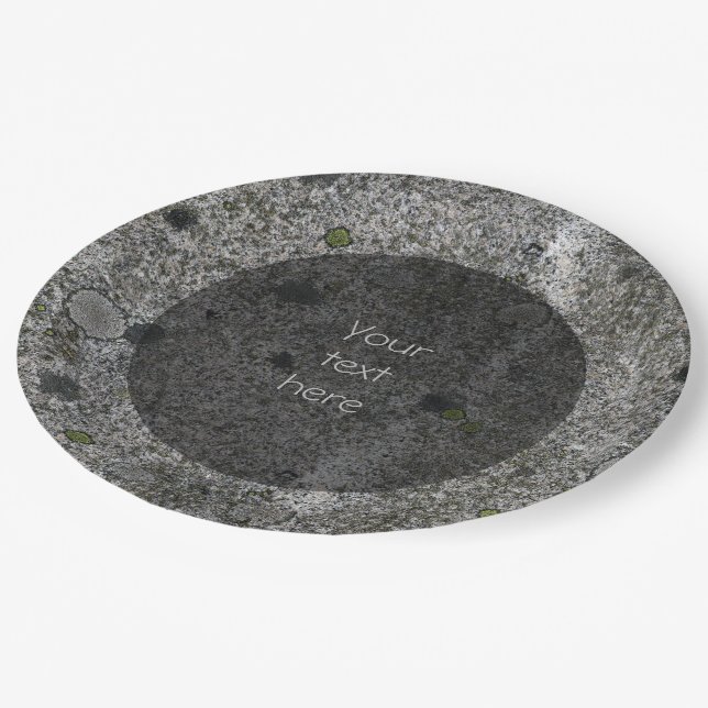 Geologie Grau Granit mit Moss Details Text Pappteller (Schrägansicht)