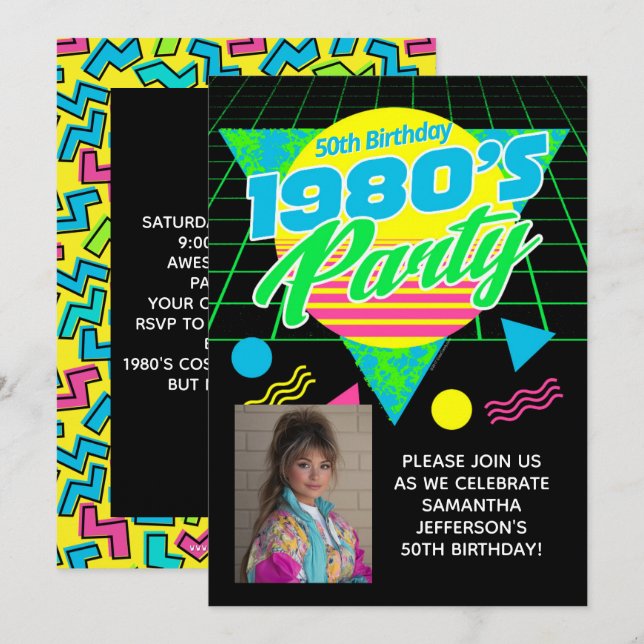 Geometric 1980s 80s 50th Photo Birthday Party Einladung (Vorne/Hinten)