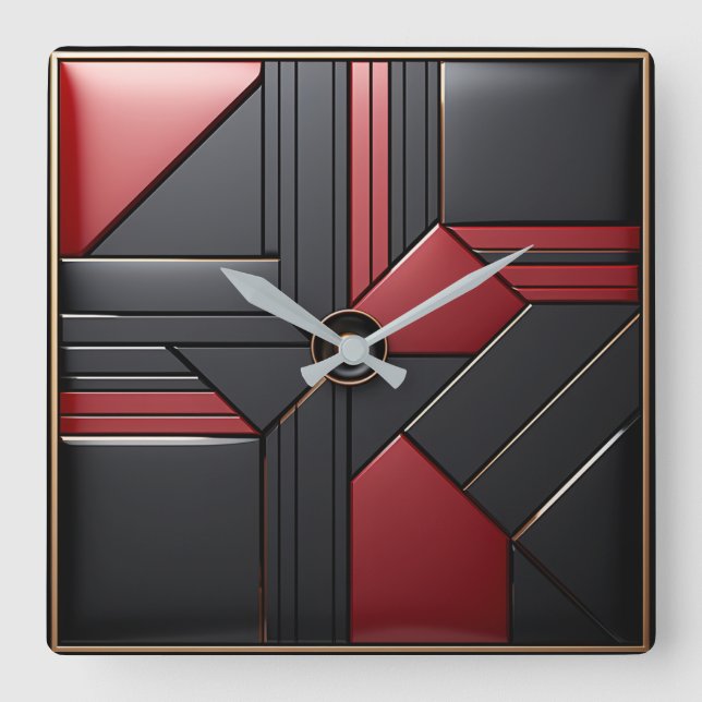 Geometric Art Deco Red Black Elegant Quadratische Wanduhr (Vorderseite)