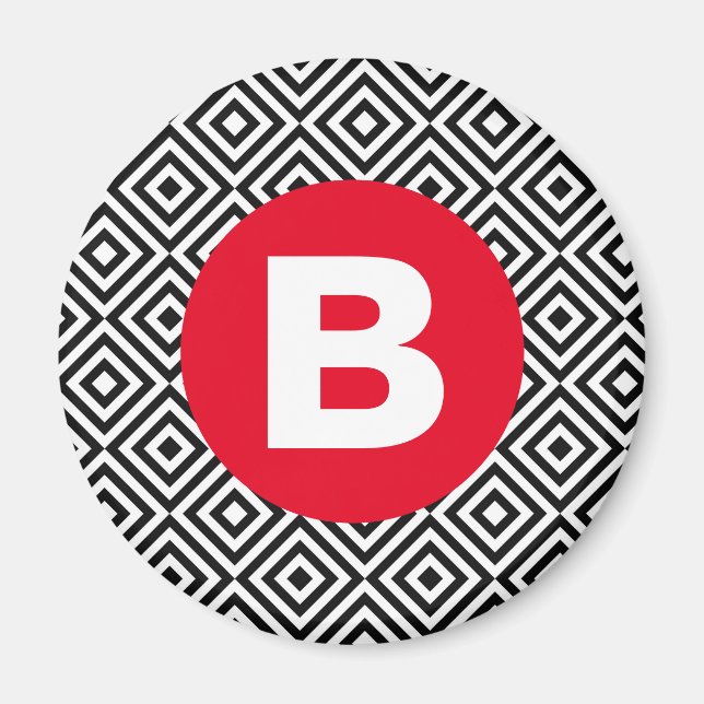 Geometric Black and White Pattern Red Monogram Magnet (Vorne)