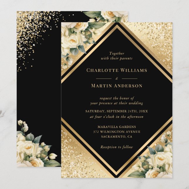 Geometric Black Gold Confetti Ivory Floral Wedding Einladung (Vorne/Hinten)