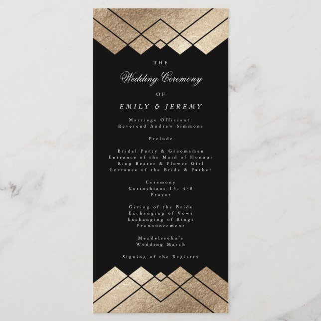 Geometric Black Gold Gatsby Wedding Program Programm (Vorderseite)