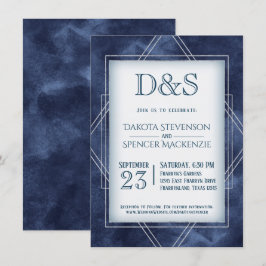 Geometric Blue Art Deco | Moderne Monogramm-Hochze Einladung