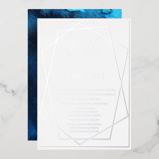 Geometric Blue & Silver Wedding Folieneinladung (Vorderseite/Rückseite)