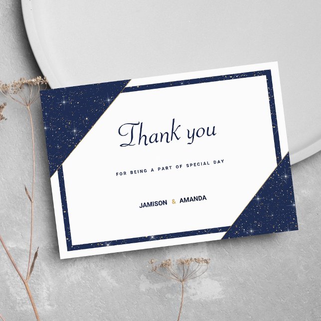 Geometric blue white gold Glitzer Vielen Dank Einladung (Geometric navy blue white gold glitter Thank You)