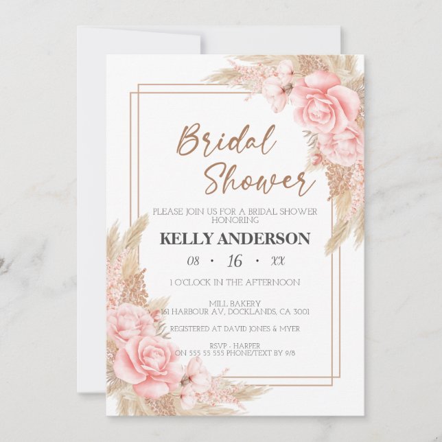 Geometric Boho Pampas Rose Gold Brautparty Einladung (Vorderseite)