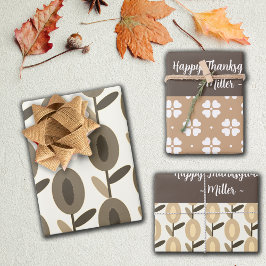 Geometric Brown Florals Individuelle Name Geschenkpapier Set