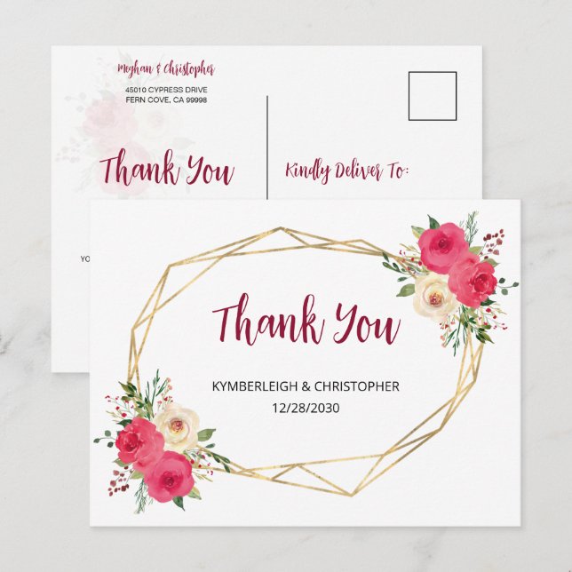 Geometric Burgundy Boho Floral Wedding Vielen Dank Postkarte (Vorne/Hinten)