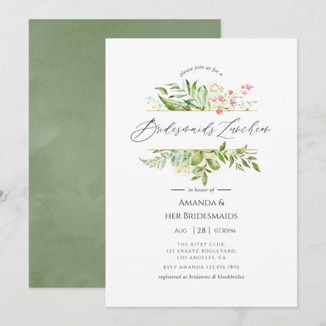 Geometric Crystal Greenery Bridesmaids Luncheon Einladung (Vorne/Hinten)