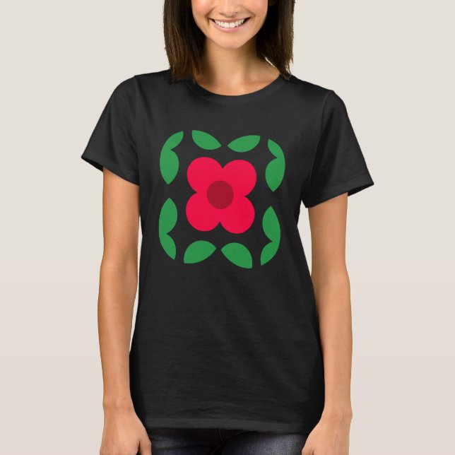 Geometric Cute Red Daisy Flower and Leaves T-Shirt (Vorderseite)