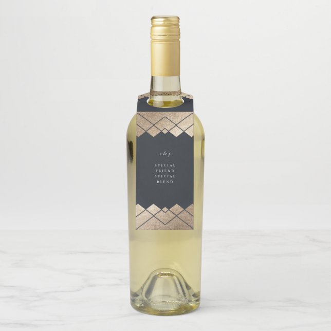 Geometric Dark Navy Gold Gatsby Wedding Flaschenanhänger (Auf Flasche)