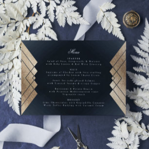 Geometric Dark Navy Gold Gatsby Wedding Menükarte