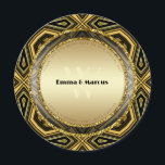 Geometric Deco Gold Black Round Wedding Menu Card Menükarte<br><div class="desc">Glam Geometric Modern Art Deco style inspired Round Wedding Menu Card - that would look great placed on the wedding guest plates. Theme : gold, glitter, geometric patterns, glam, metallic, gatsby theme, 1920s style ★ . ★ . ★ Customizable double sided wedding, reception, luncheon or dinner menu with other side...</div>