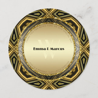 Geometric Deco Gold Black Round Wedding Menu Card Menükarte