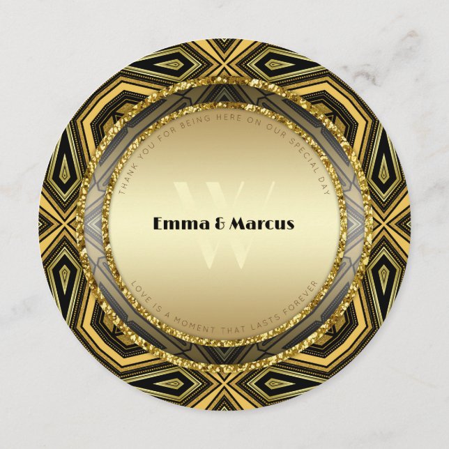 Geometric Deco Gold Black Round Wedding Menu Card Menükarte (Rückseite)