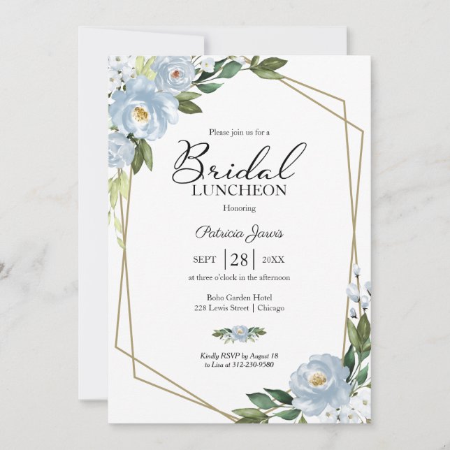Geometric Dusty Blue Floral Bridal Luncheon Einladung (Vorderseite)