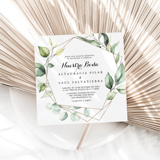 Geometric Elegant Gold Green Nuestra Boda Wedding Einladung (Von Creator hochgeladen)