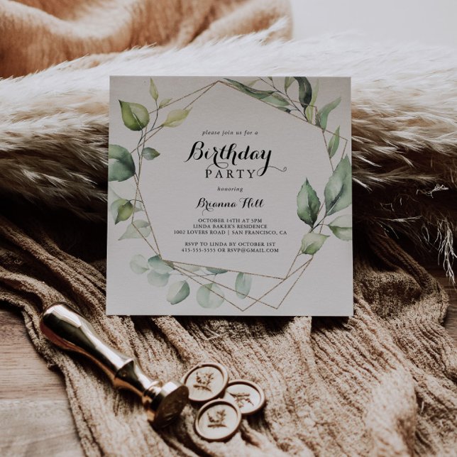 Geometric Elegant Gold Greenery Geburtstagsparty Einladung (Von Creator hochgeladen)