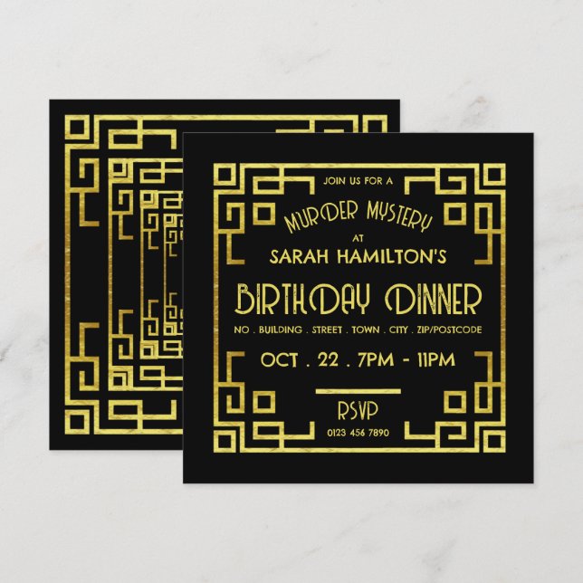 Geometric Gatsby Style, Murder Mystery Birthday Einladung (Vorne/Hinten)