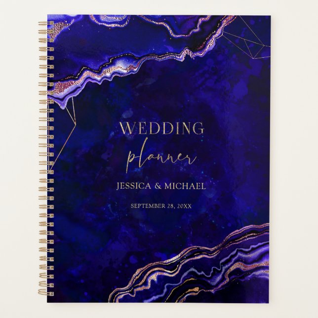 Geometric Geode Deep Blue Rose Gold Agate Wedding Planer (Vorderseite)
