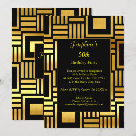 Geometric Gold Black 50. Geburtstagsparty 2 Einladung