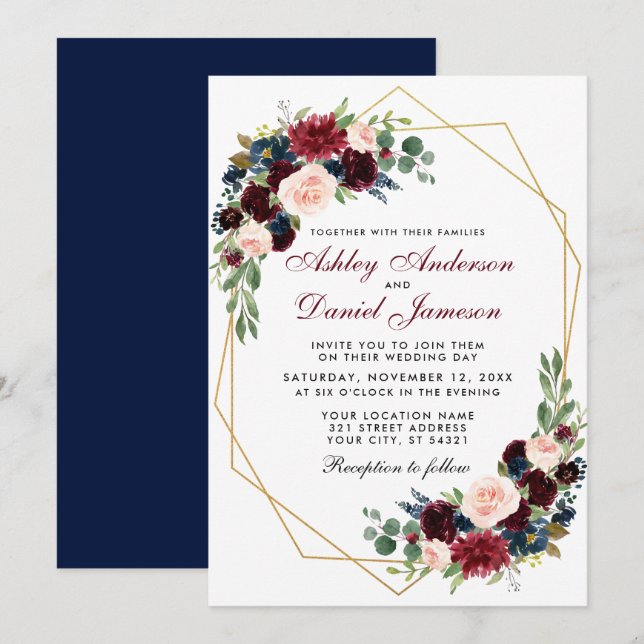 Geometric Gold Blue Burgundy Floral Wedding B Einladung (Vorne/Hinten)