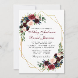 Geometric Gold Blue Burgundy Floral Wedding Einladung