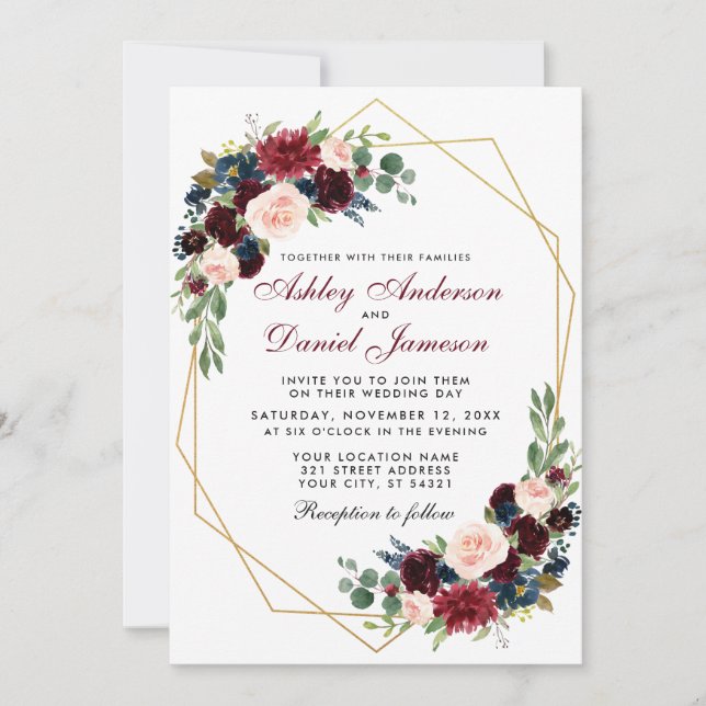 Geometric Gold Blue Burgundy Floral Wedding Einladung (Vorderseite)
