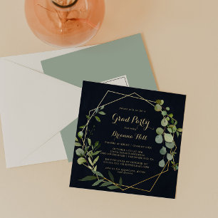 Geometric Gold Blue Green Calligraphy Grad Party Einladung