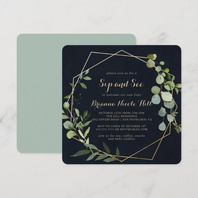 Geometric Gold Blue Green Calligraphy Sip und Sieh Einladung (Vorne/Hinten)