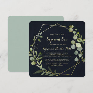 Geometric Gold Blue Green Calligraphy Sip und Sieh Einladung