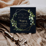 Geometric Gold Blue Green Front & Back Wedding Einladung<br><div class="desc">Diese geometrisch goldblaue Vorder- und Hinterzeitseinladung ist perfekt für eine moderne Hochzeit. Das Design besteht aus handbemalten,  grünen Blätter,  die in einem dunkelblauen Hintergrund gehalten sind und einen geometrischen Rahmen in Gold zieren. Rett Papier,  indem man mehr Details auf der Rückseite der Einladung anstatt auf einer separaten Gehäusekarte angibt.</div>