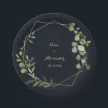 Geometric Gold Blue Green Wedding Paper Plate Pappteller<br><div class="desc">Diese geometrisch goldblauen Hochzeitszettel sind perfekt für eine Hochzeit. Das Design besteht aus handbemalten, grünen Blätter, die in einem dunkelblauen Hintergrund gehalten sind und einen geometrischen Rahmen in Gold zieren. Diese Teller sind ideal für den Kuchen- oder Desserttisch. Machen Sie es sich selbst, indem Sie die Namen der Braut und...</div>