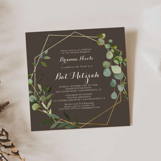 Geometric Gold Brown Green Calligraphy Bat Mitzvah Einladung (Von Creator hochgeladen)