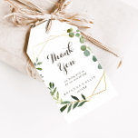 Geometric Gold Brown Green Wedding Vielen Dank Geschenkanhänger<br><div class="desc">Diese geometrisch goldbraun grüne Hochzeit danke Ihnen für die Anhänger sind perfekt für eine einfache Hochzeitsempfang. Das Design besteht aus handbemalten grünen Blätter in braunem Hintergrund, die einen geometrischen Rahmen in Gold schmücken. Personalisieren Sie diese Tags mit einer kurzen Nachricht, Ihren Namen und Ihrem Hochzeitsdatum. Sie können den Wortlaut dieser...</div>