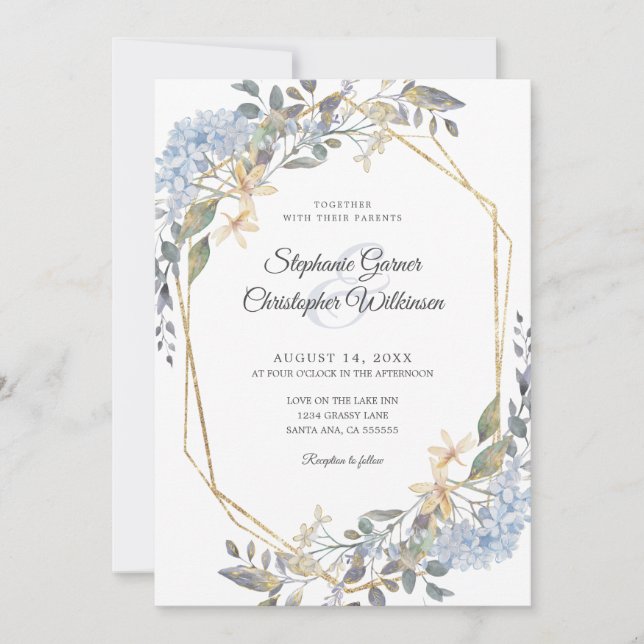 Geometric Gold Dusty Blue Floral Wedding Einladung (Vorderseite)