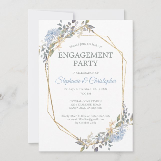 Geometric Gold Dusty Blue Florals Engagement Party Einladung (Vorderseite)
