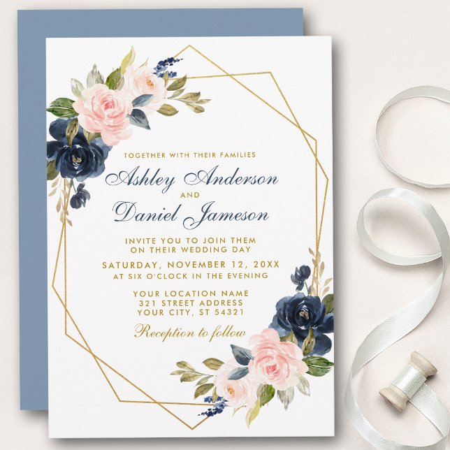 Geometric Gold Dusty Blue Pink Floral Wedding Einladung (Customize to change text color, text style or color of back of card.)