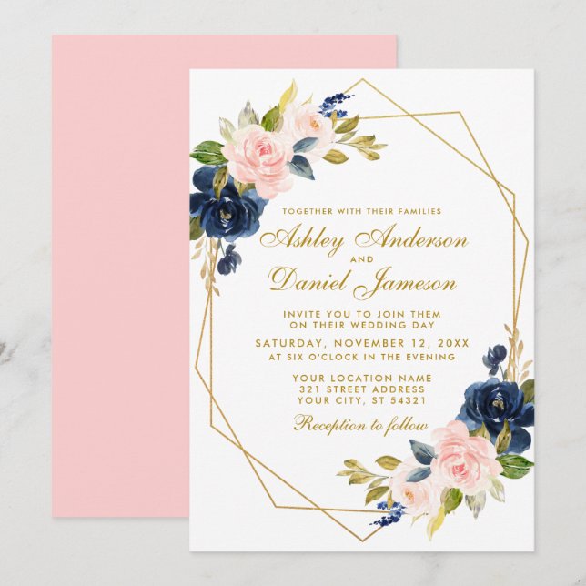 Geometric Gold Floral Blue Pink Blush Wedding Einladung (Vorne/Hinten)